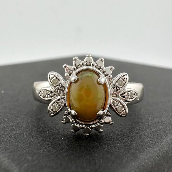 Natural Cabochon Australian Opal Ring  with Small Diamond Size 7 - Picture 11 of 16